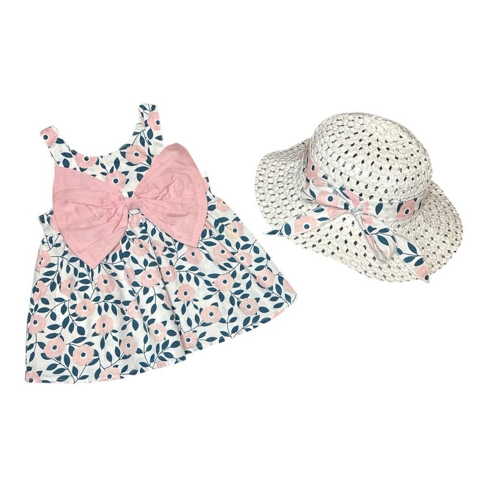 Baby Girl Floral Dress + Matching Straw Hat Set | Spring • Easter • Cottagecore
